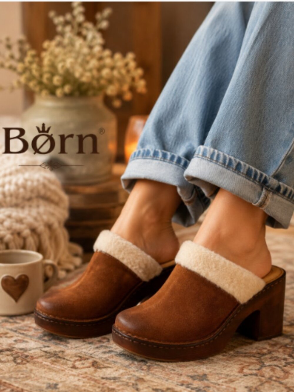 new BORN Hope Shearling Lined Heeled Clogs Leather Open 3S7 269